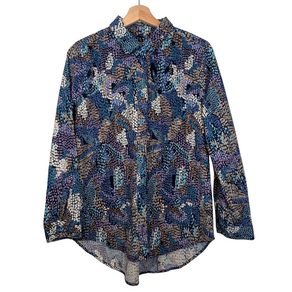 Chico’s Women’s Medium Long Sleeve Button Down Shirt Blue Multicolor Abstract